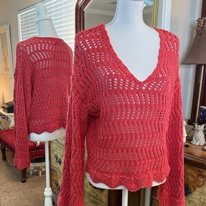 American Eagle Outfitters Red Open Knit V-Neck Sweater